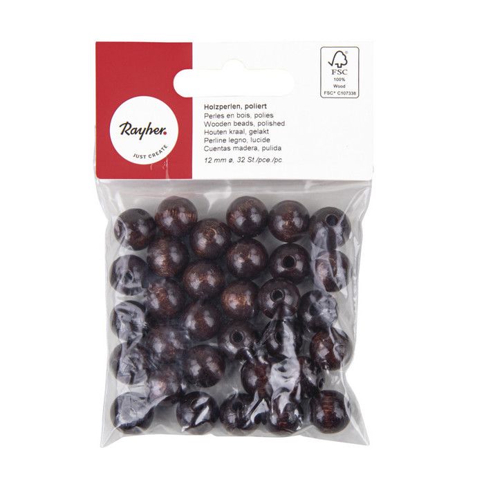 Perles en bois FSC 100%, polies, 12mm 32 pièces , brun foncé