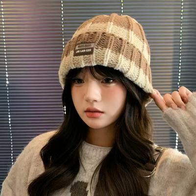 Autumn and Winter Striped Color-blocking Hat for Women Versatile Wool Hat Ear Protection Warm Pullover Hat Outdoor Riding Cold Proof Knitted Hat