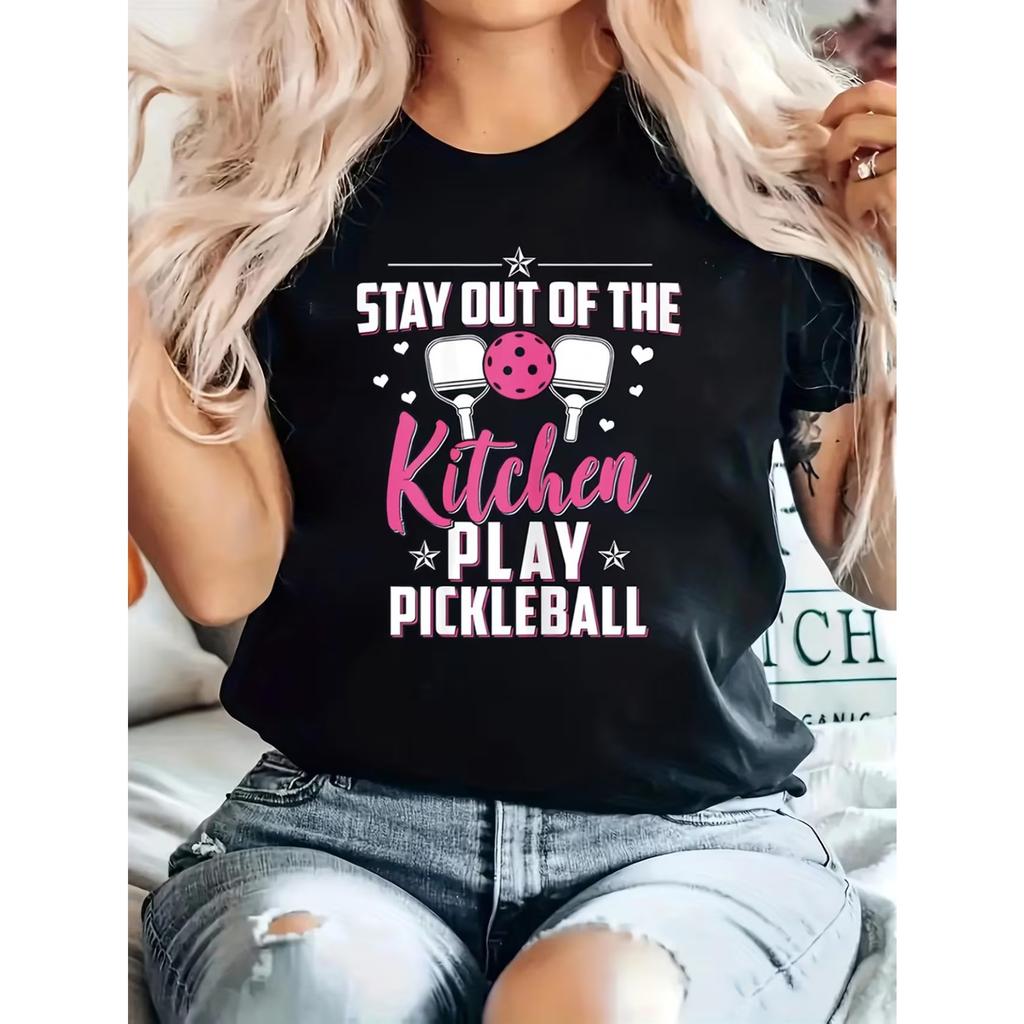 Women'S Funny "Stay Out of The Kitchen" Pickleball Graphic T-Shirt - Slim Fit Short Sleeve Crew Neck Casual Top