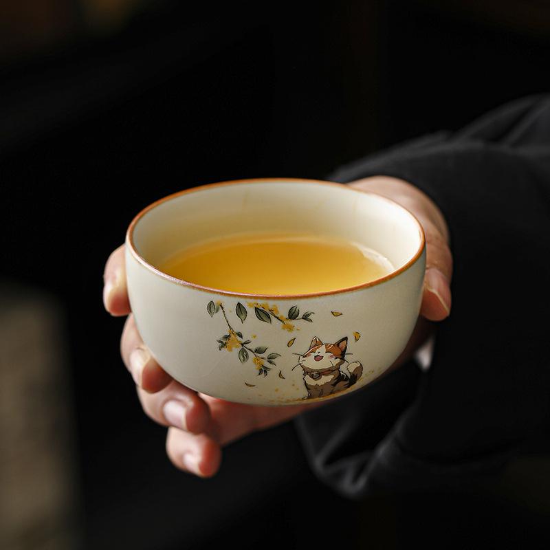 Beige Ru Ware Kitten Teacup: Kung Fu Ceramic Tasting Cup for Personal Tea Use