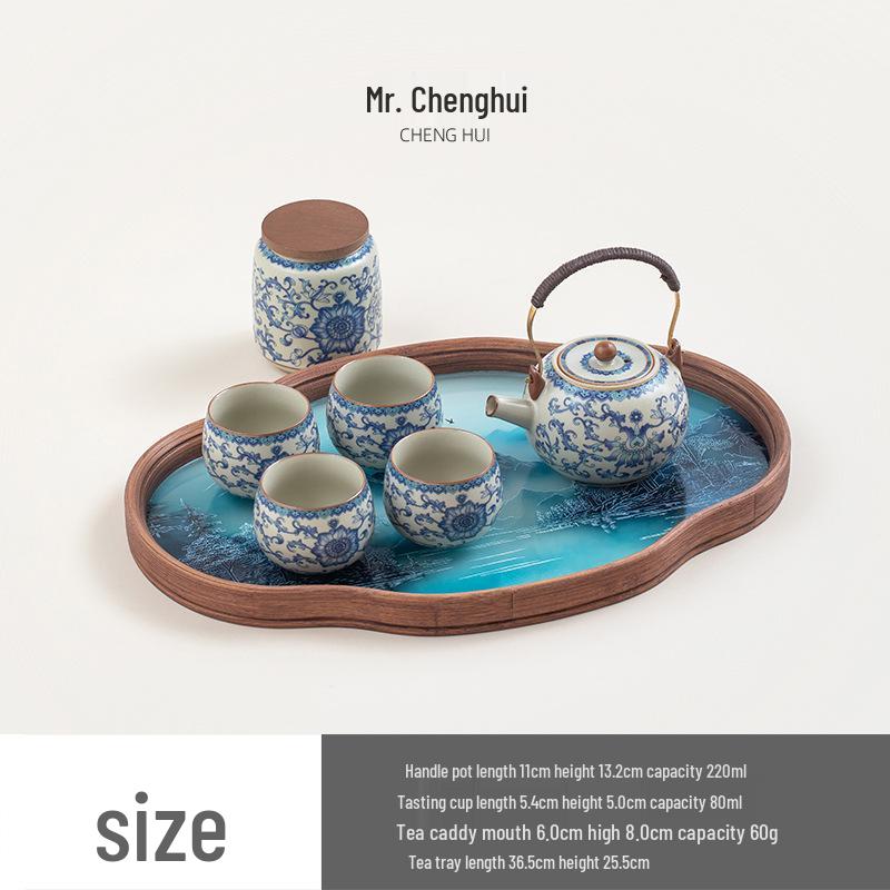 Ru Kiln Lotus Tea Set: One Pot, Six Cups with Tray - Kung Fu Style