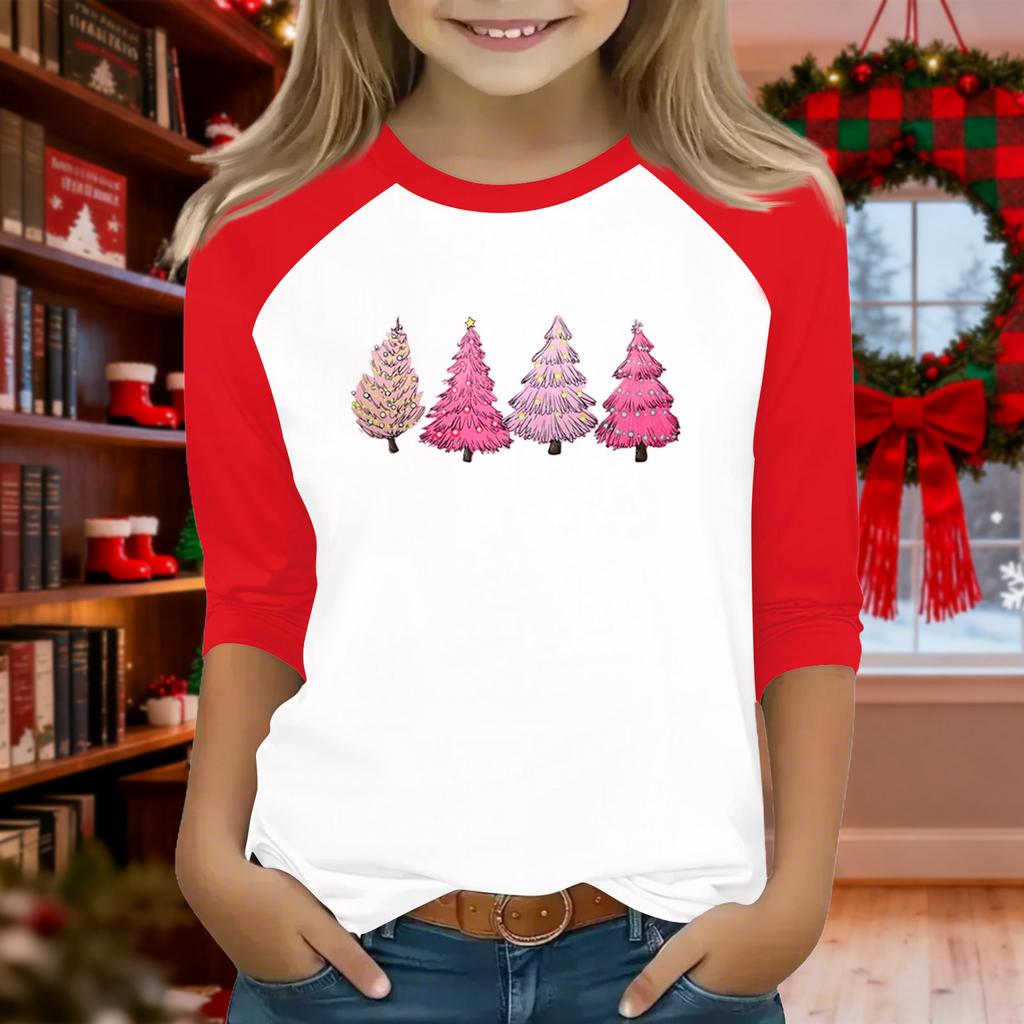 Oberteile für junge Mädchen 4-16 Jahre Rundhals 3/4-Ärmel T-Shirts Trendige Oberteile Outfit T-Shirts Weihnachtstag
