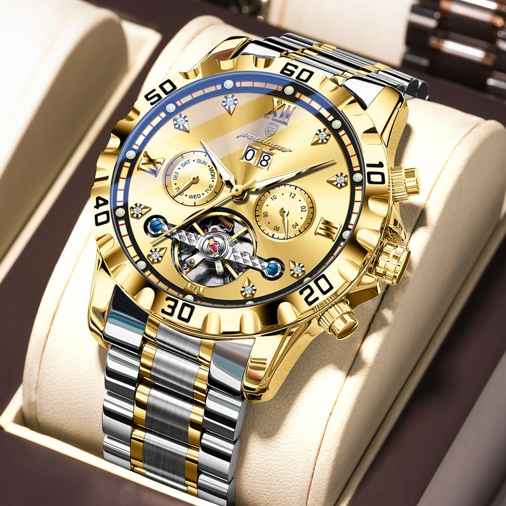 POEDAGAR Top Luxury Men Watch Automatic Date Week Man Wristwatch Hollow Tourbillon Mechanical Stainless Steel Watches