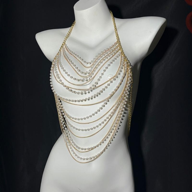 Bohemian Body Chain Bra Pearls Bikinis Chest Chain Raves Nightclub Body Accessories Jewelry Gifts for Women Girls