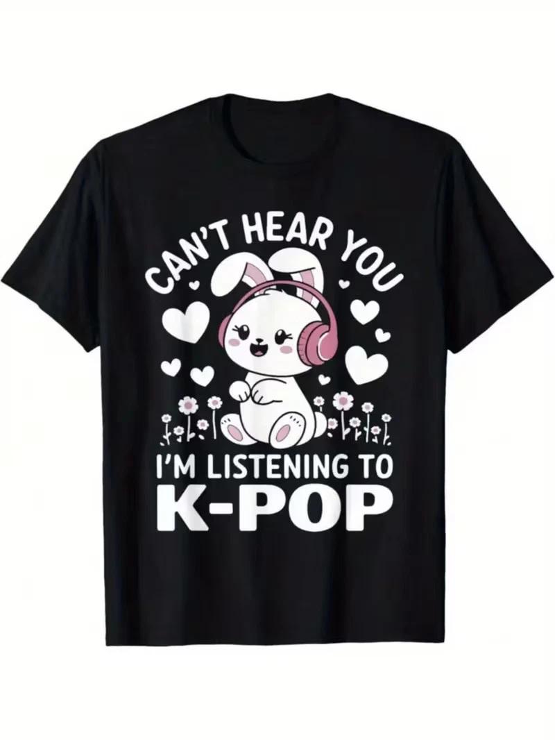 Милая графическая футболка K-Pop с ушками кролика - 100% хлопок, свободный крой, короткий рукав S