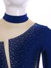 Dívčí třpytivé kamínky gymnastický dres dlouhý rukáv klíčová dírka na zádech průsvitná síťovina patchwork body pro krasobruslařskou soutěž