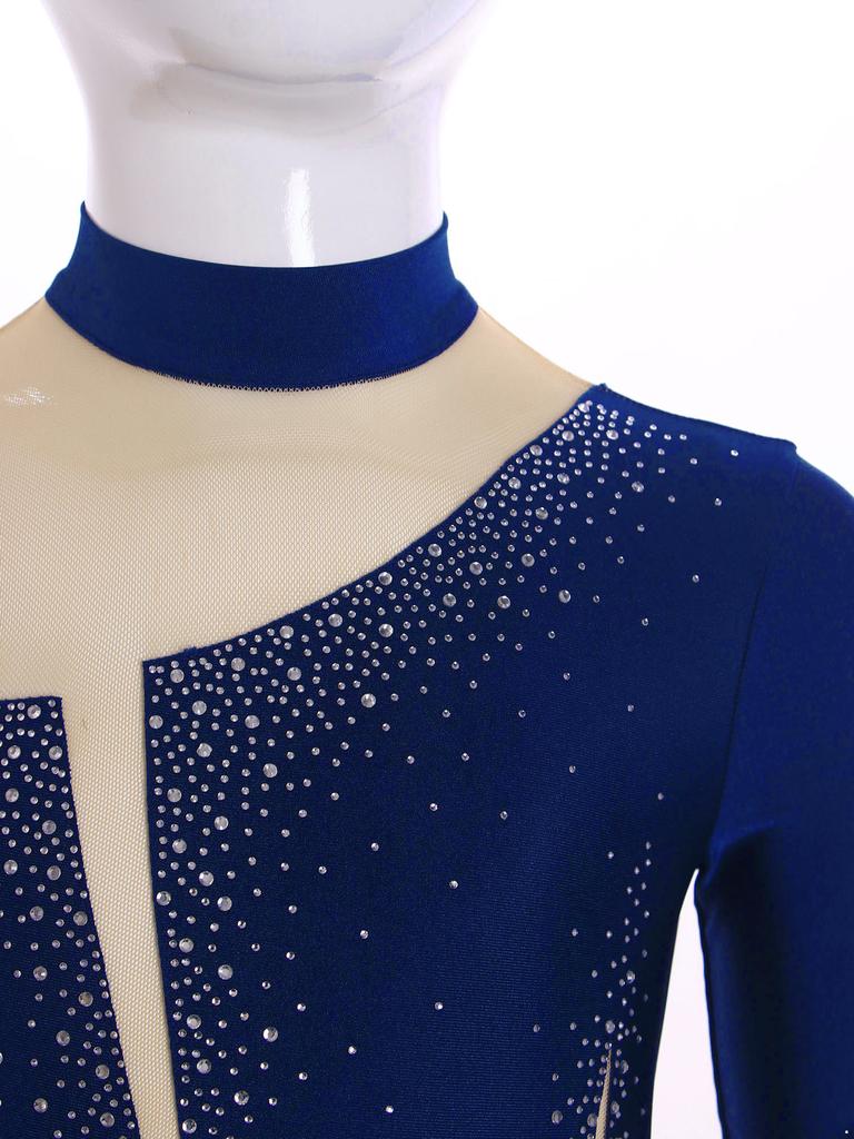 Dívčí třpytivé kamínky gymnastický dres dlouhý rukáv klíčová dírka na zádech průsvitná síťovina patchwork body pro krasobruslařskou soutěž