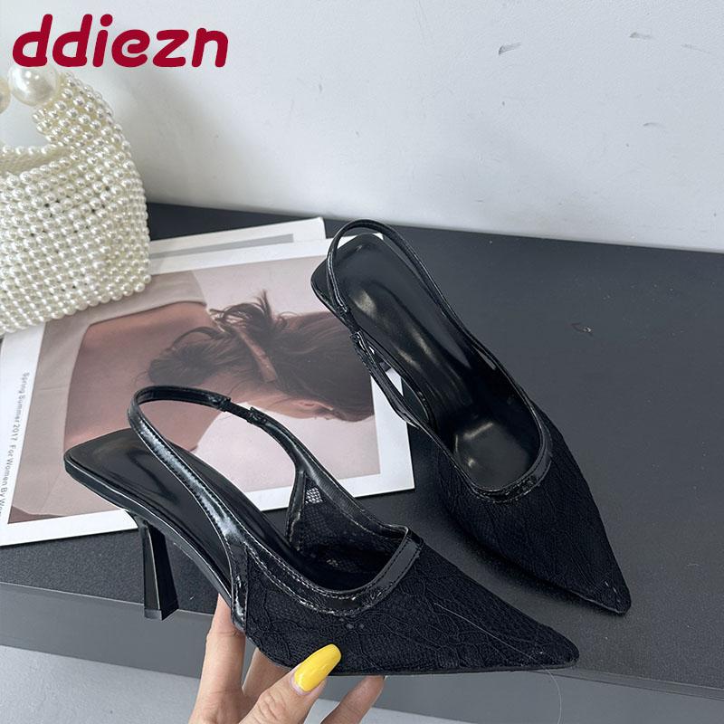 Fashion Pink Fashion Pointed Toe Women Heels Pumps Shoes Slingbacks Mesh Breathable Ladies High Heels Shoes Female Mules Big Size 43