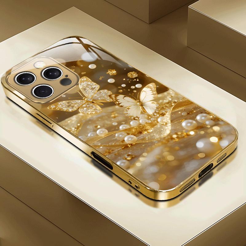 Luxury Golden Rhinestone‑Butterfly Pearl Electroplated Phone Case for iPhone 17 16 15 14 13 12 11 Pro Max XS XR 7 8 Plus 16E