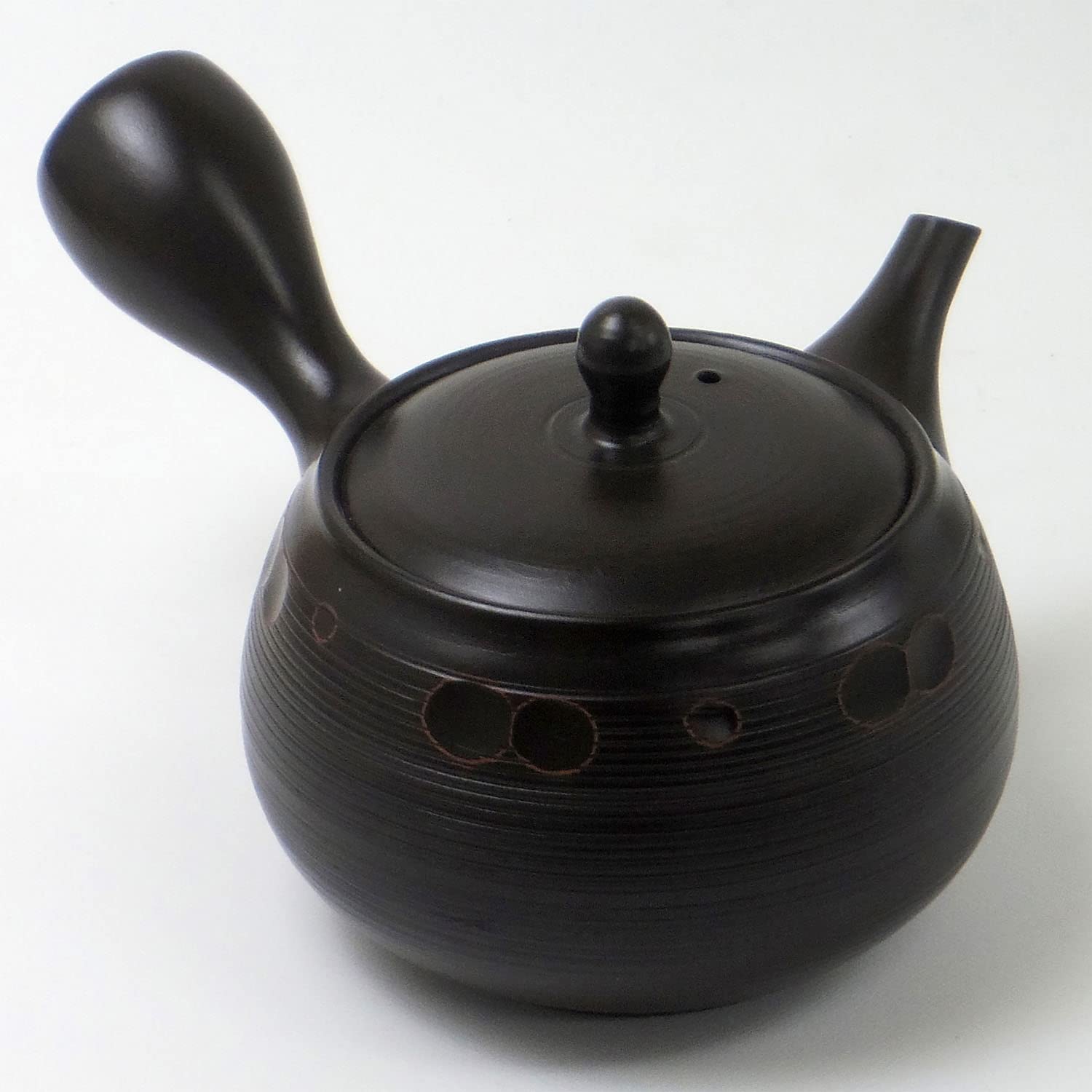 

Tokoname Ware Shunju Kyusu (Spring and Autumn Teapot), Kama-Shaped, Black Stripes, Vermilion Band, 360ml, with Strap, Made in Japan, 20B1181
