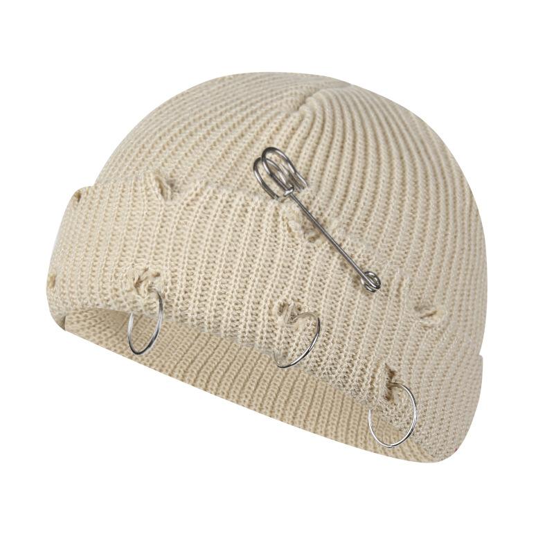Women Girls Y2k Gothic Beanie Winter Knit Hats Trendy Metal Rings Pin Hip Hop Streetwear Harajuku Skull Cap Emo Scene Grunge