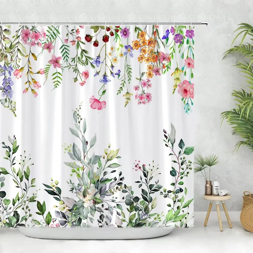 Beautiful Spring Greenery Floral Shower Curtain Eucalyptus Leaves Tropical Leaves Polyester Washable Buth Curtain Bathroom Decor