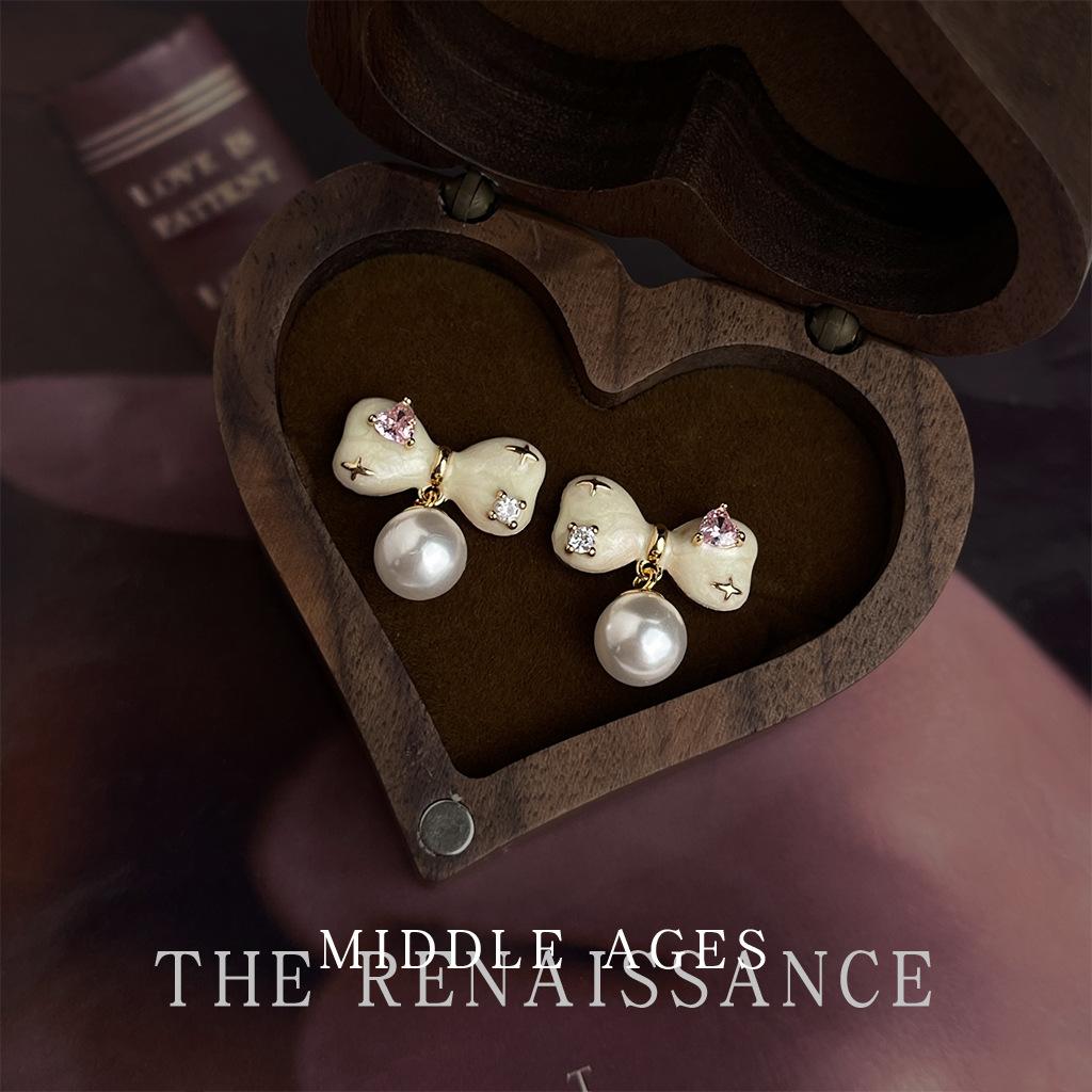 ~ Light medieval retro enamel drop glaze bow zircon earrings gentle earrings women