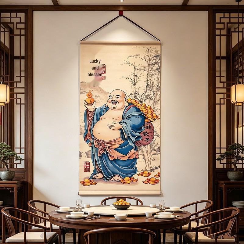 New Maitreya Buddha Calligraphy & Painting Wall Art: Attract Wealth & Fortune, Ideal for Zen, Tea Room & Living Room Decor