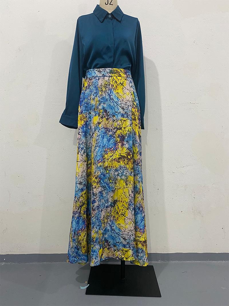 

2023 Autumn European & American Satin Solid Color Shirt with Digital Print Skirt Set Large peacock синього кольору