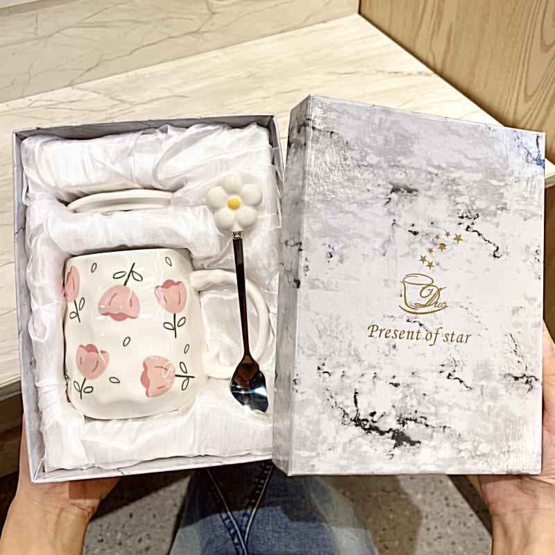 INS wind high-value flower mug with lid spoon household girl heart ceramic cup student breakfast milk cup