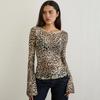 Summer and Autumn New Sexy Spice Girls Style Animal Pattern Printed Off-Shoulder Long Sleeve Waist T-Shirt