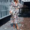 Autumn Winter Women Casual Dress Long Sleeve V Neck Print A Line Knee Length High Waist