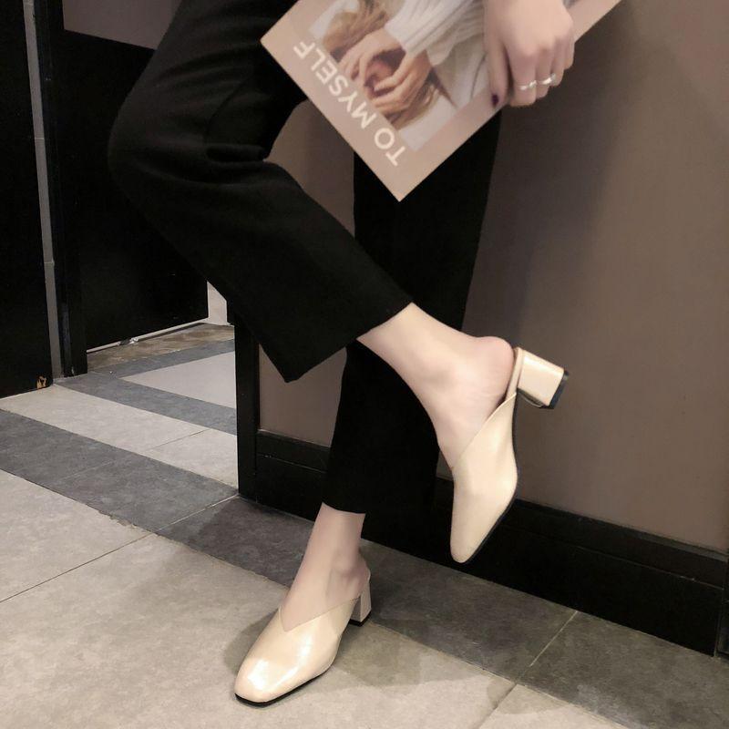 Square Head High Heel Internet Celebrity Sandals Grandma Shoes Thick Heel Bag Head Half Slippers Women's Medium Heel Retro Outer Wear Lazy Muller Shoe