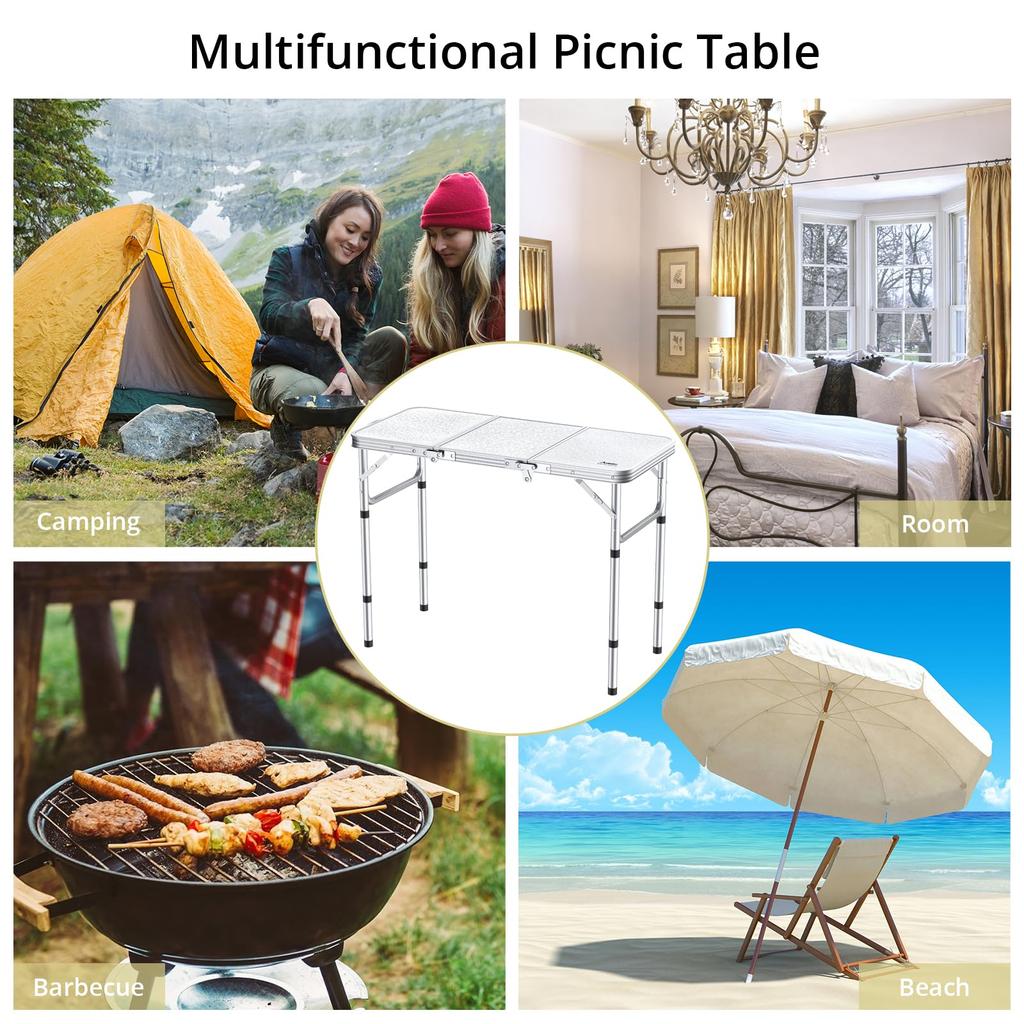 Anbte Camping Folding 90cmx40cm 3 Adjustable Height Aluminum Folding Table Camping Table Portable Picnic Table Table with Storage Mesh and Bag for