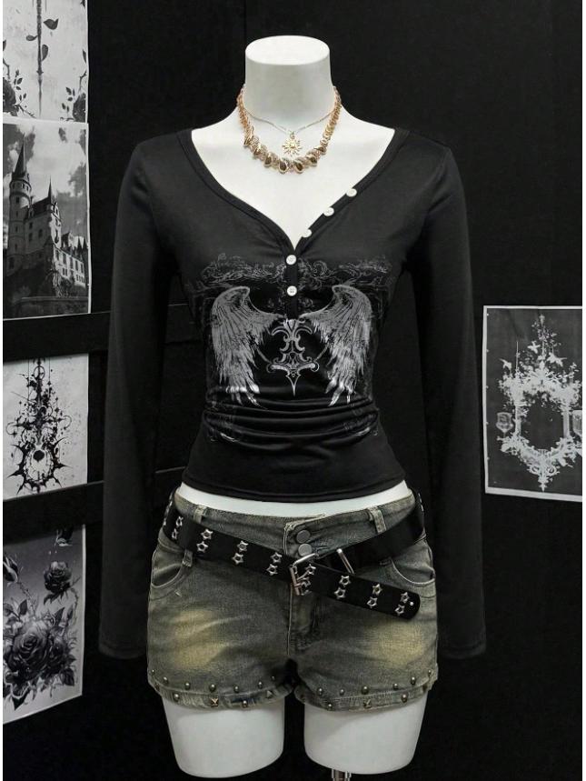 Haut ajusté à manches longues et col rond, imprimé « Spicy Girl » style Y2K