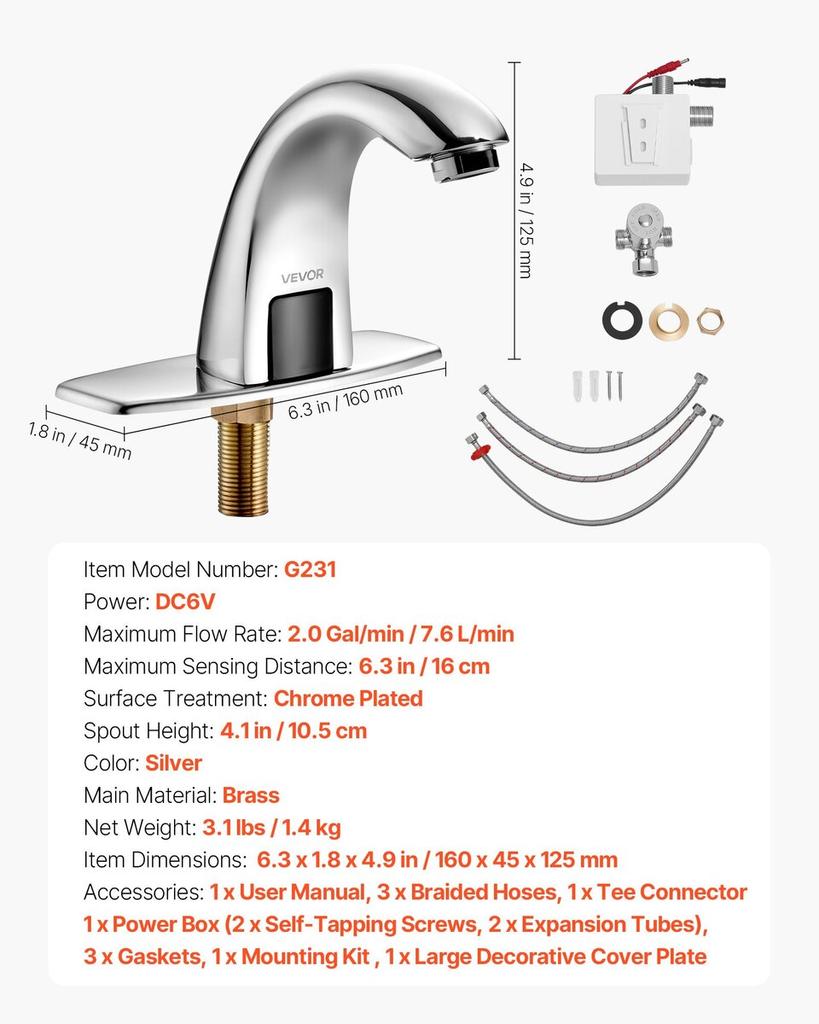Touchless Bathroom Sink Faucet, Automatic Motion Sensor Restroom Toilet Faucet with Hole Cover Plate, Battery Operated,Adjustable Temp for 9.5 mm Pipe