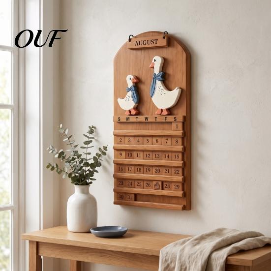 Manual Date Slider Wooden Vintage Goose Couple Perpetual Calendar, Reusable Month Blocks Farmhouse Wall Hanging Decor for Home Office Decorative