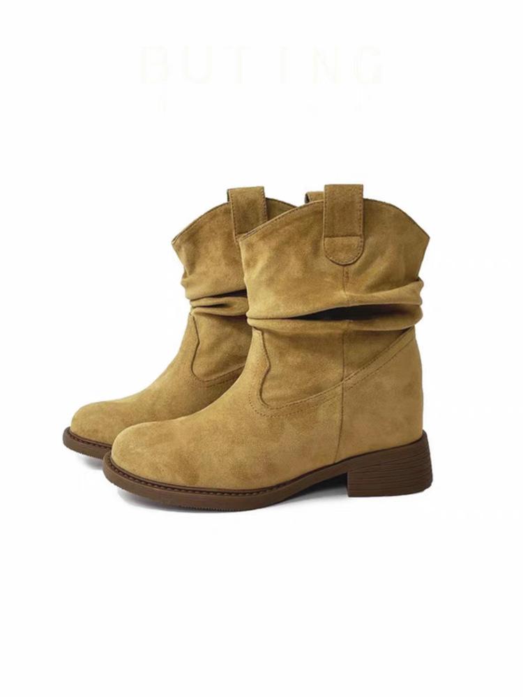 Sheepskin Version~ Sun Qian's Same Pleated Stacking Boots 2025 New Thick-heeled Maillard Mid-tube Western Boots, Thin Boots