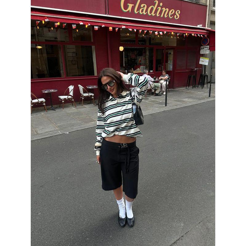 Miu Series Visual Sense American Retro Sexy Contrast Color Stripes Polo Collar Lazy Sense Long Sleeves Versatile T-shirt