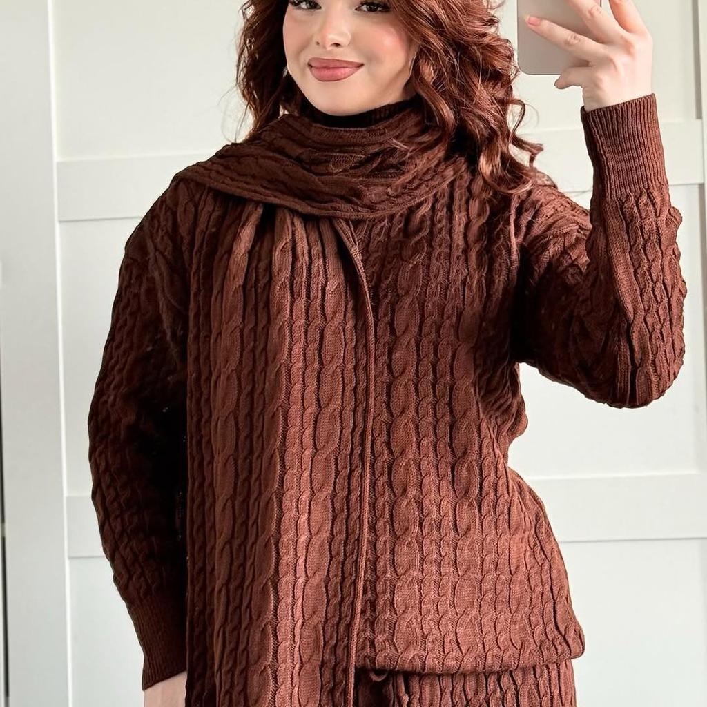 2025 Autumn/Winter High Neck Cozy Scarf-Top Sweater and Long Pants Set