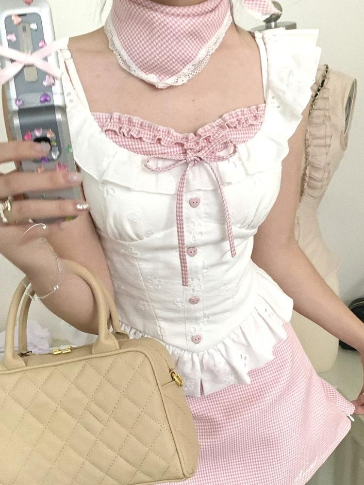 Korea Chic Fake Two-piece Design Sense Shirt Summer New Sweet Lace Shirt Cropped Tops Off Shoulder Sexy Casual Camisole Top