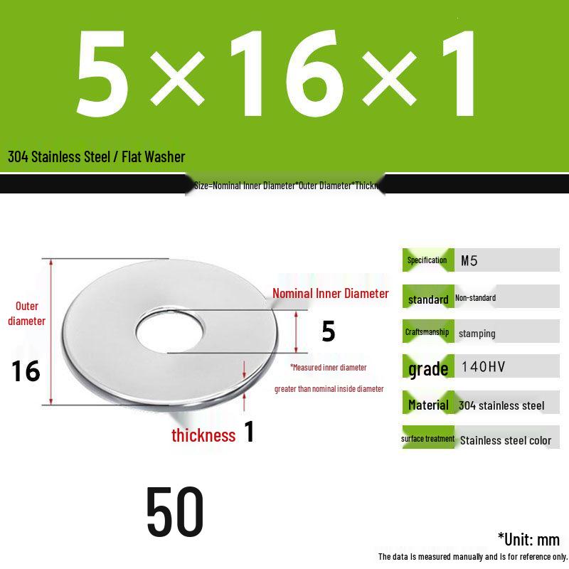 304 Stainless Steel Thickened Flat Washer Set, Sizes 2-36
