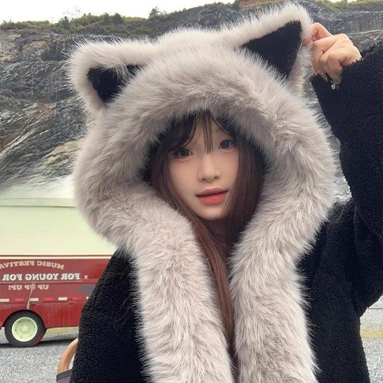 Neuer Pelzimitat Fuchshaar Vergrößerter Verdickter Hut Winter Flauschiger Hut Großer Kopf Schal Zum Warmhalten