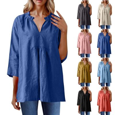 Women's Casual Loose Cotton Linen Solid Color Seven Quarter Sleeve Pleated V-Neck Shirt Top