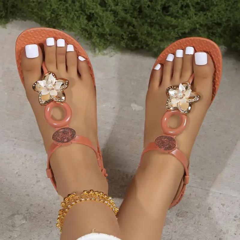 Fashion Women's Flowers Clip-toe Soft Sole Sandals Luxury Rhinestone Anti-slip Flat Sandals Summer Light Comfort Zapatillas De Mujer