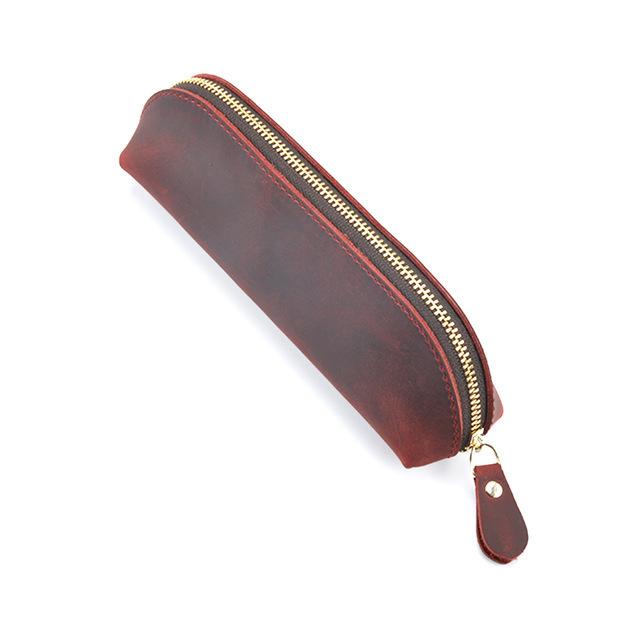 Crazy Horse Leather Zipper Pencil Case Handmade Genuine Leather Retro Pen Organizer Bag