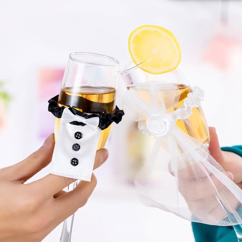 Funda para Botella de Vino de Boda Vestido Novia Novio Envolturas Decoraciones para Copas de Vino Brindis Fiesta Regalo Adorno