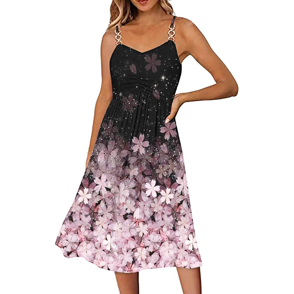 Women's Summer Dress V Neck Spaghetti Strap A-Line Fashion Tank Top Casual Beach Dress