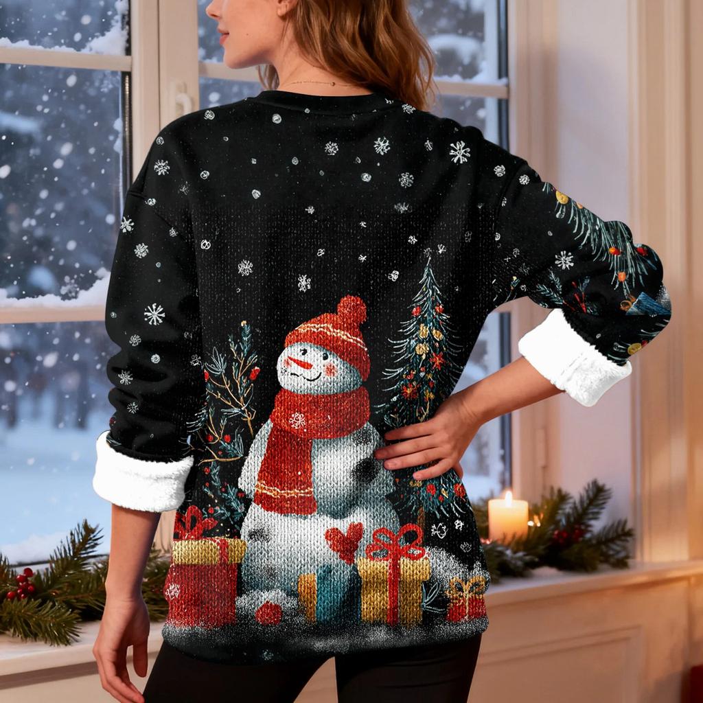 Women's Fashion Casual Long Sleeve Christmas Printed Round Neck Top Sweatshirt