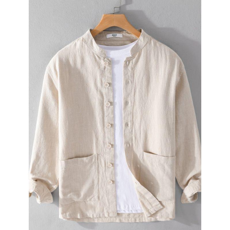 Spring and Autumn Japanese Style Vintage Long Sleeve Shirt Men Cotton and Linen Chinese Style Stand Collar Loose Casual Overshirt Chinese Style