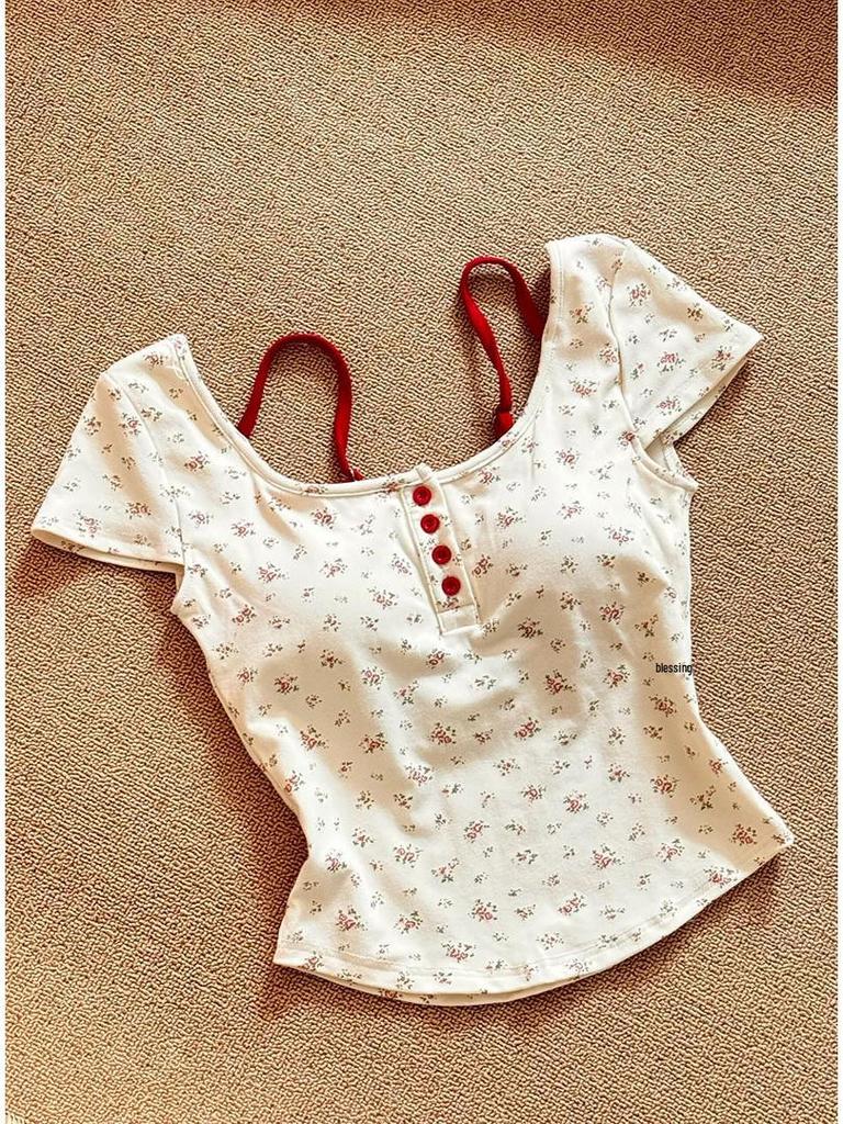 Women's Spicy Girl Two-Piece Floral Camisole T-Shirt with Bra Pads - Slimming Summer Short-Sleeve Top