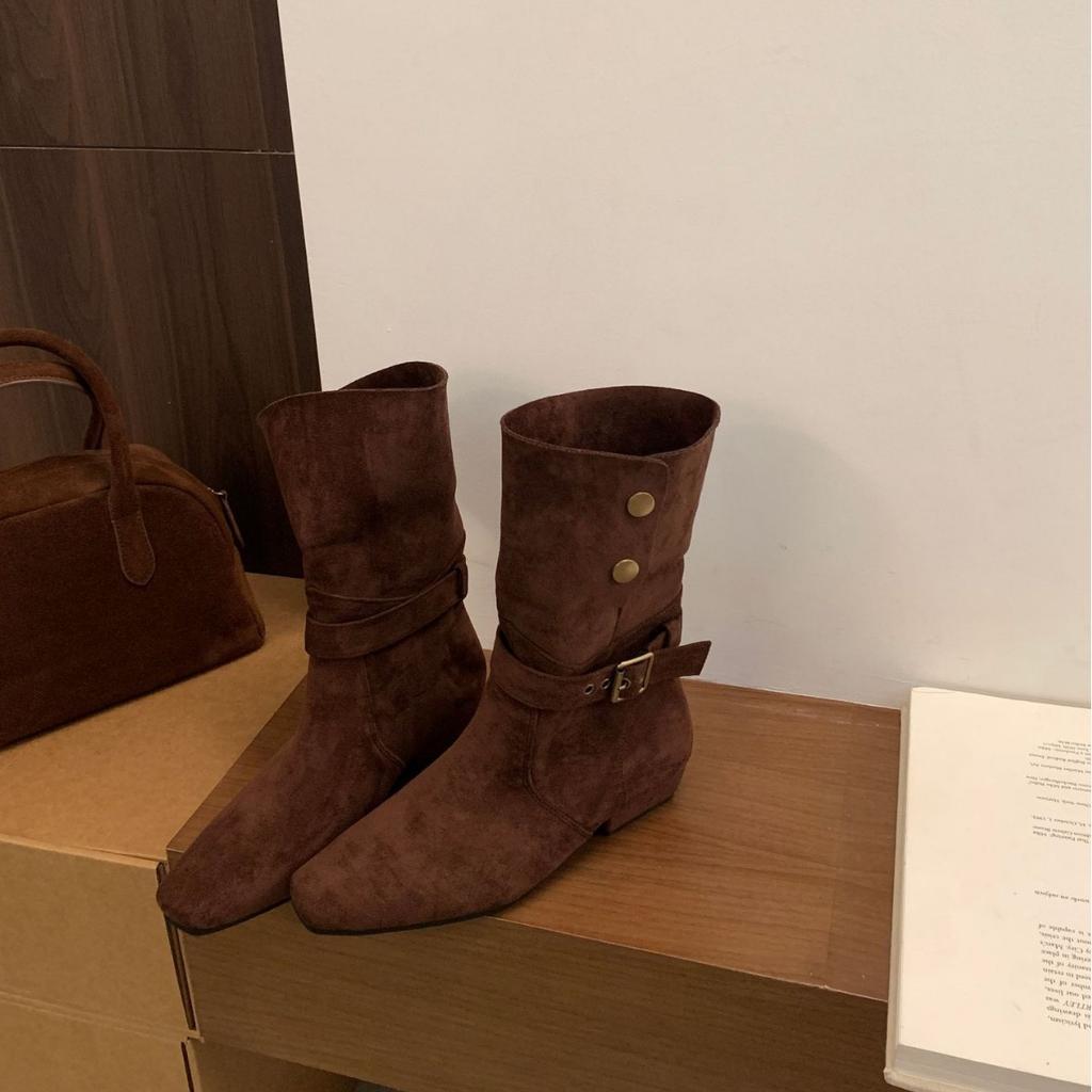 2025 Winter New Suede Low Tube Button Thick Heel Two Wear Low Tube Martin Fashion Women's Short Boots