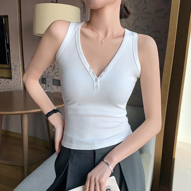K3019 Threaded Button V-Neck Camisole - Women's Slim-Fit Cotton Top, Spring/Summer Style