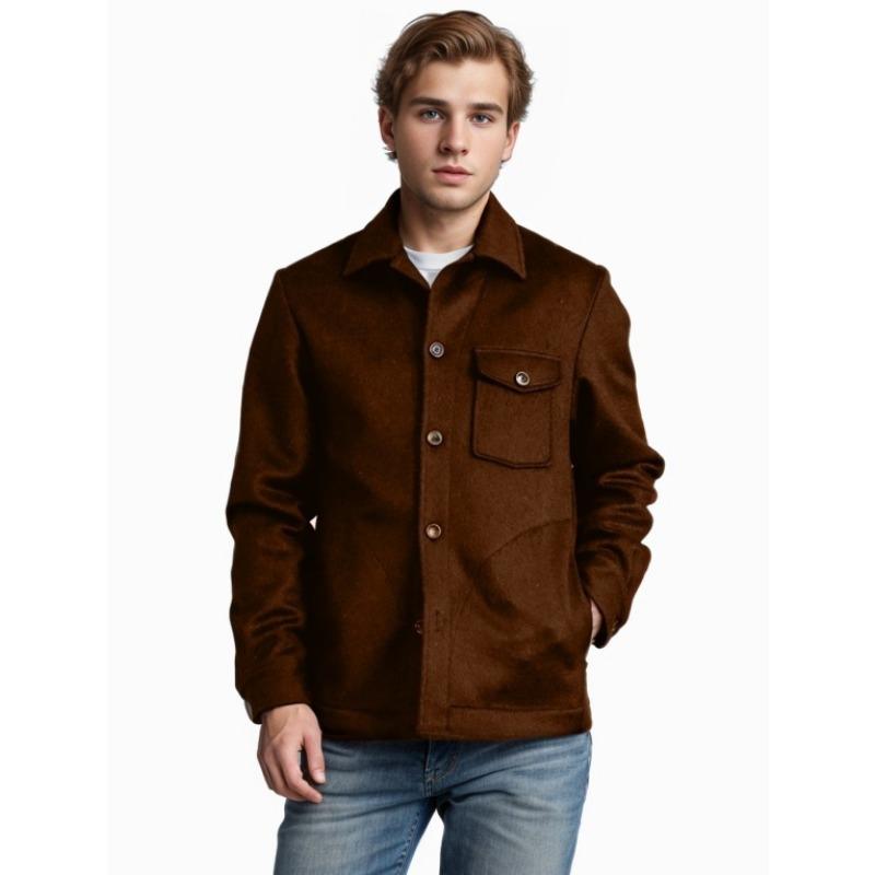 Autumn and Winter New Men's Clothing Multi-pocket Woolen Coat Single-breasted Solid-color Woolen Coat Trench Coat