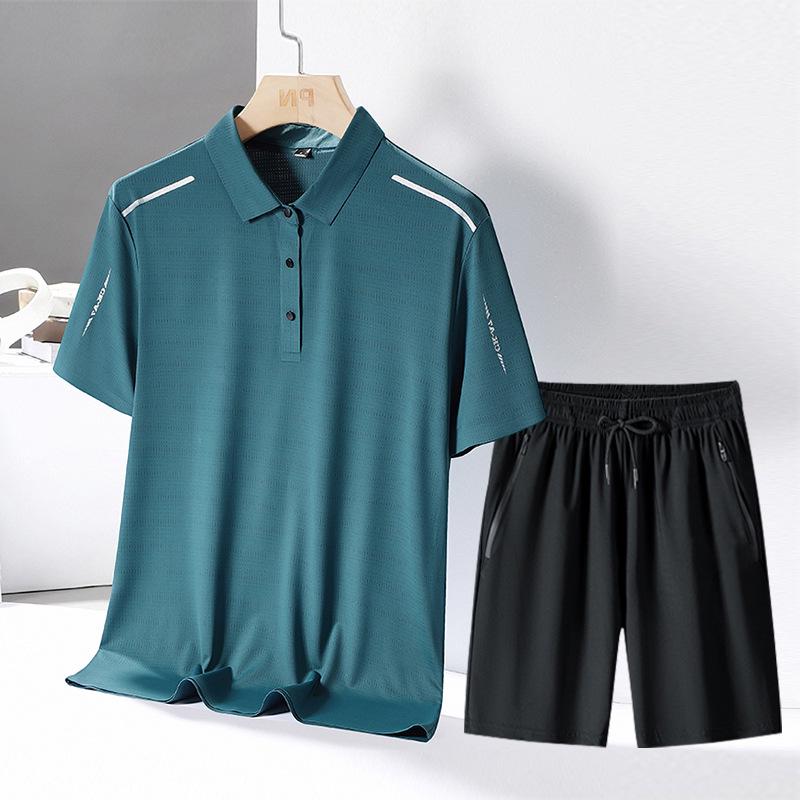 Men's Summer Ice Silk Sportswear Set: POLO Shirt, Short Sleeve, and Trousers, Plus Size, Three-Piece Set.