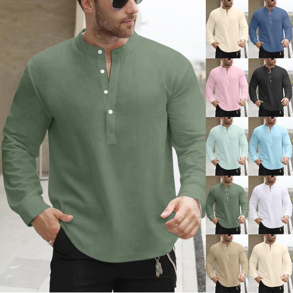 Men's Casual Stand Collar Half Door Cylinder Color Knot Cotton Linen Long Sleeve Shirt