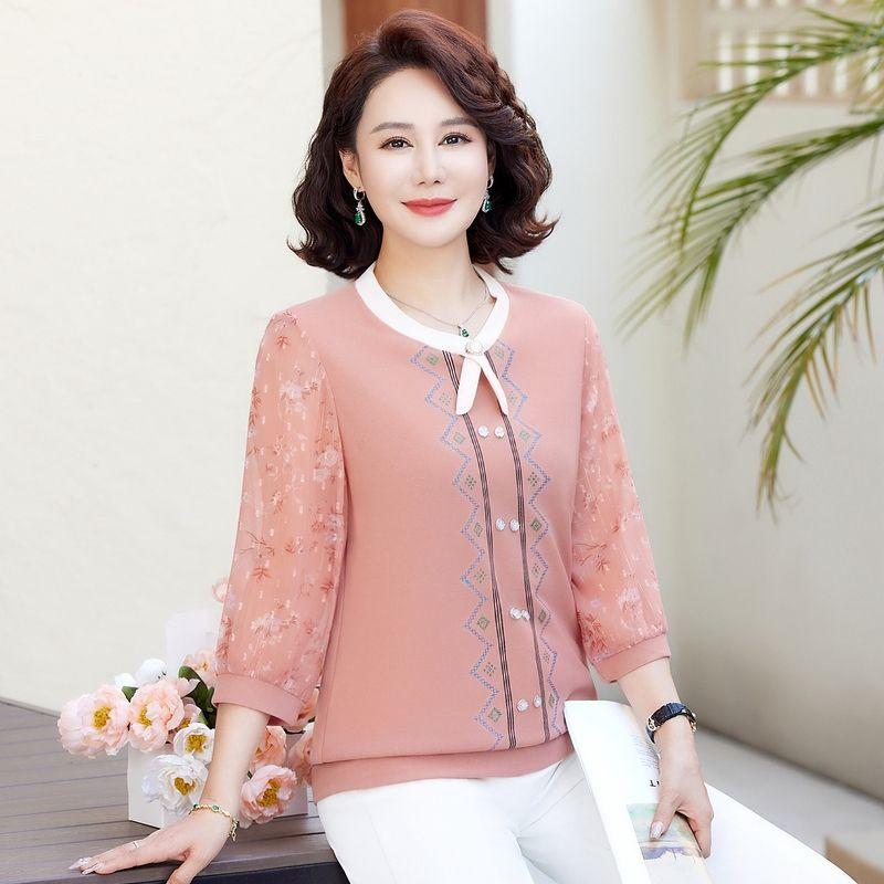 Middle aged and Elderly Mother's Spring and Summer Fashionable T-shirt Knitted Top with Print