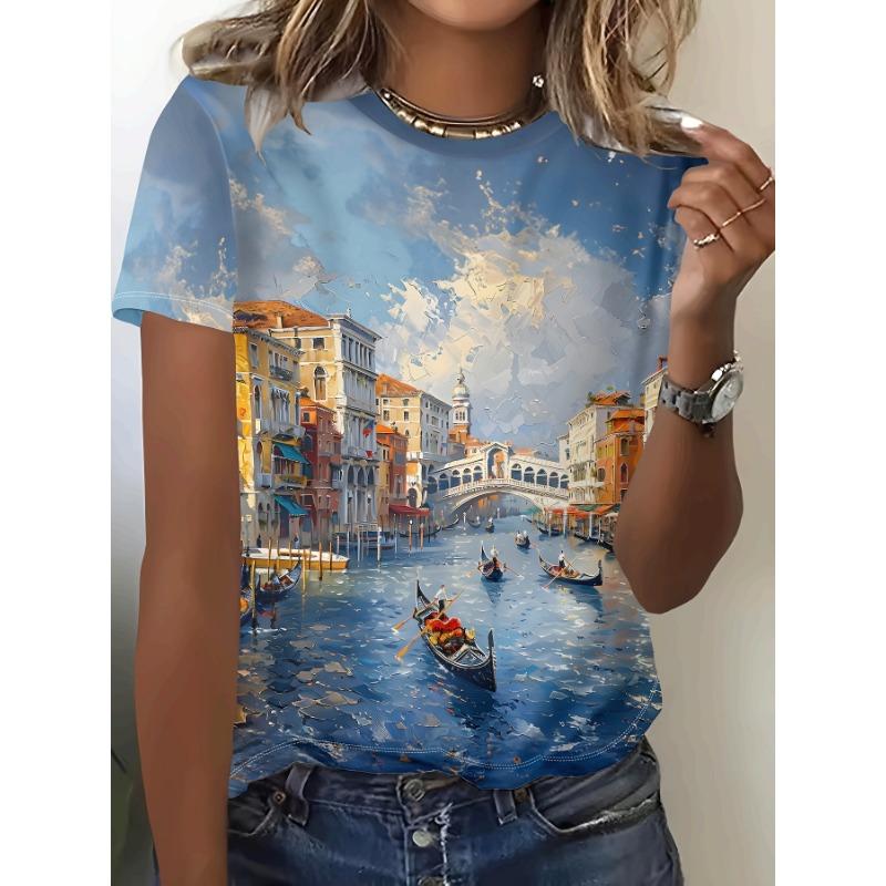 Ladies  Venice Gondola and Rialto Bridge Printed Short sleeved T-shirt - Vibrant Venetian Canal Scene, Round Neck Casual Top, Summer Art Style Pattern S