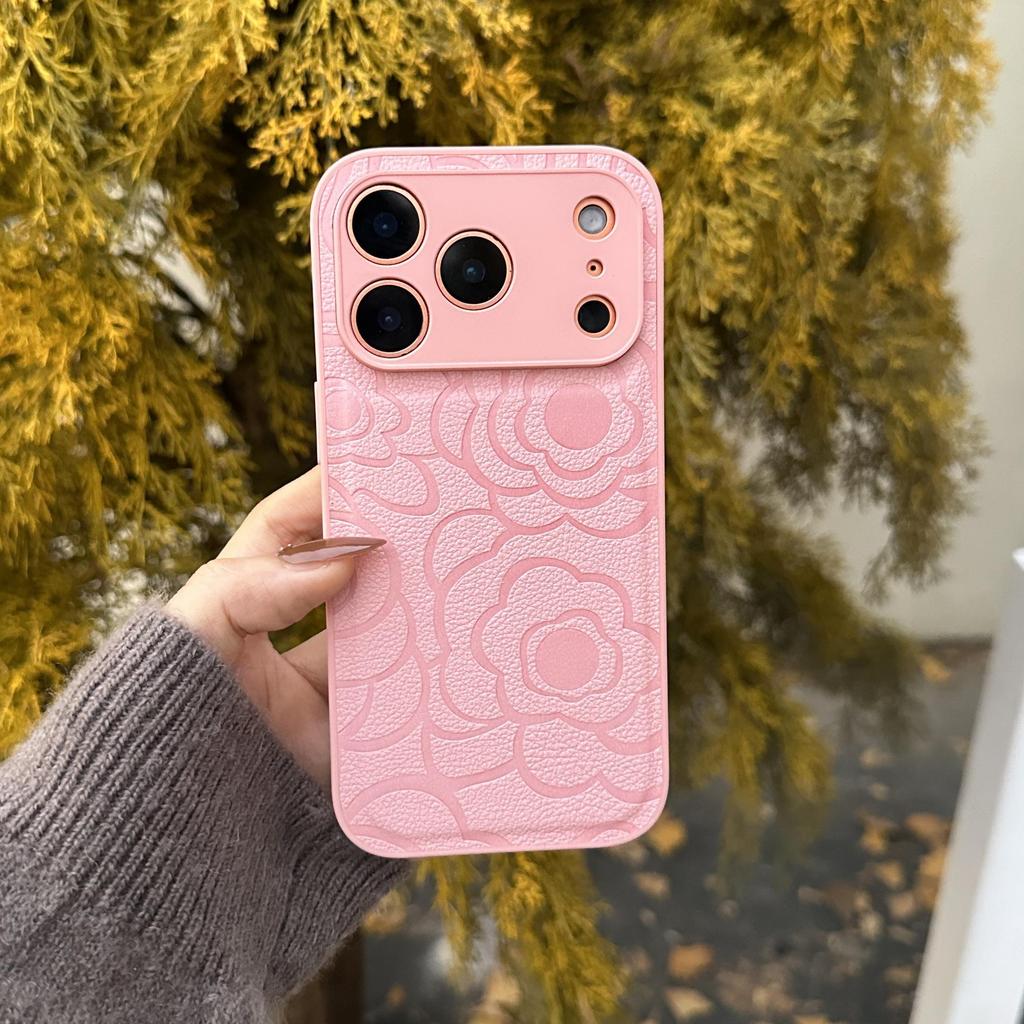 Luxury Camellia Leather Texture Phone Case for iPhone 17 Pro Max & 16, Autumn/Winter Edition