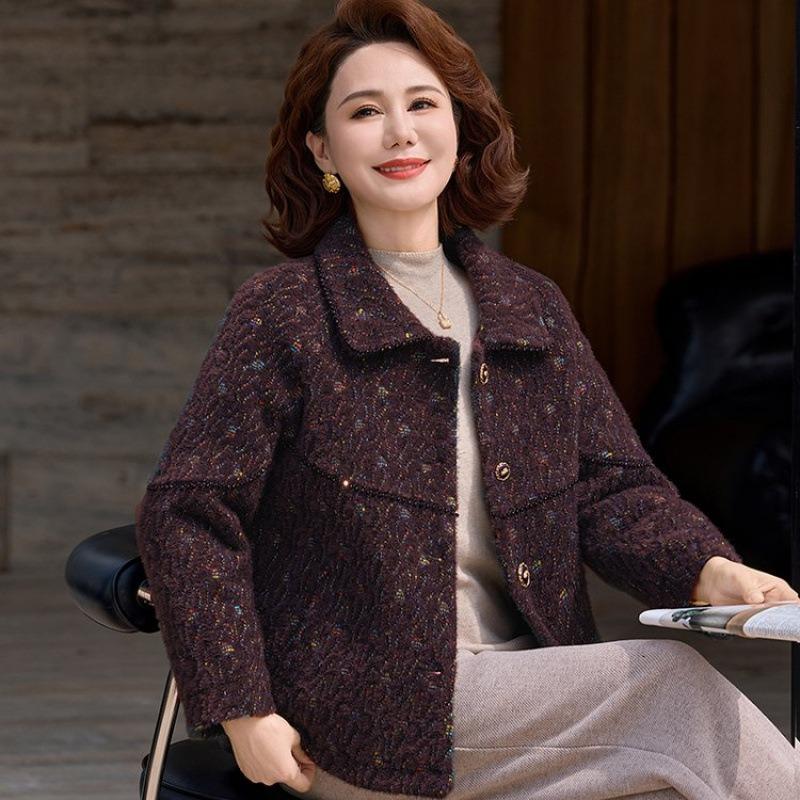 

Женская одежда для среднего и пожилого возраста весна и осень шерстяная куртка модная новая высококачественная клетчатая высококлассная тонкая с эффектом омоложения 5XL [recommended 150-80kg] темно-коричневого